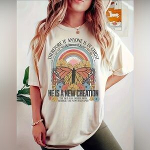 Christian Retro T-Shirt Bible Verse Crew Neck Butterfly Rainbow Soft Medium